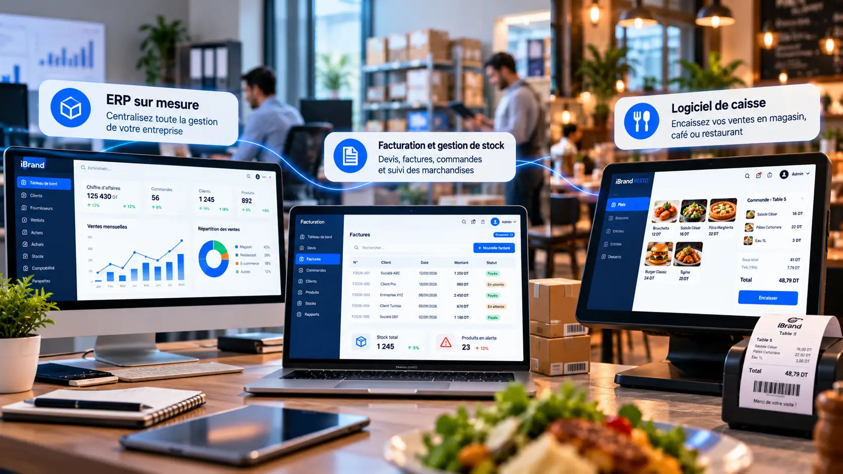 Logiciel de gestion en Tunisie : ERP sur mesure, facturation, gestion de stock et caisse tactile pour commerces, cafés et restaurants – iBrand Tunisia.